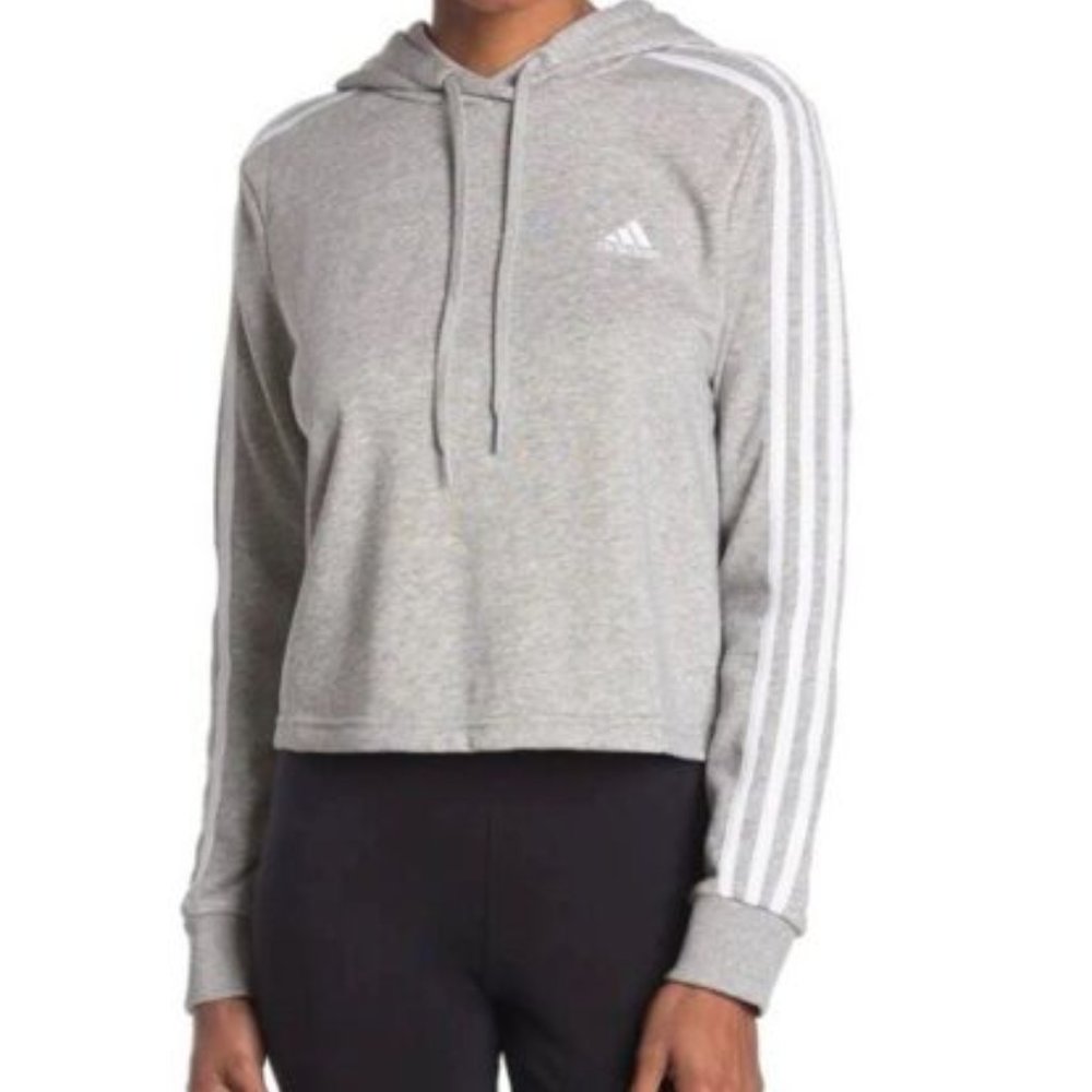 NWT Adidas Womens Hoodie XS Cropped Gray White Triple Striped Sweatshirt FJ7845